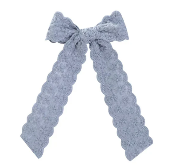 Dusty Blue Scalloped Long Tail Hair Bow