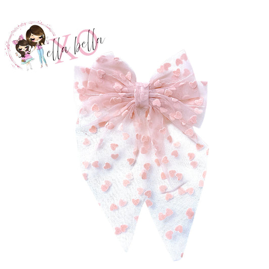 Pink & White Heart Tulle Bow