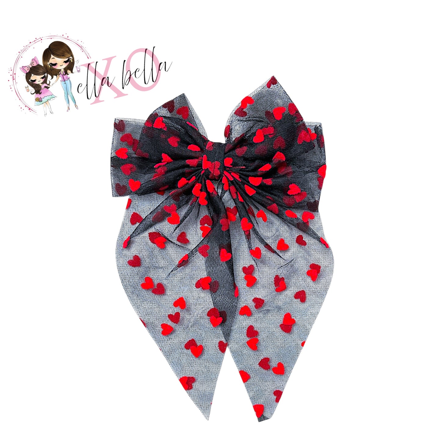 Black & Red Heart Tulle Bow