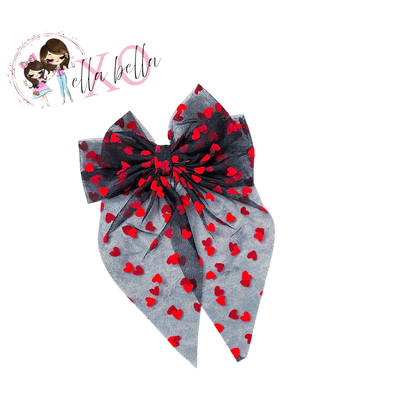 Black & Red Heart Tulle Bow