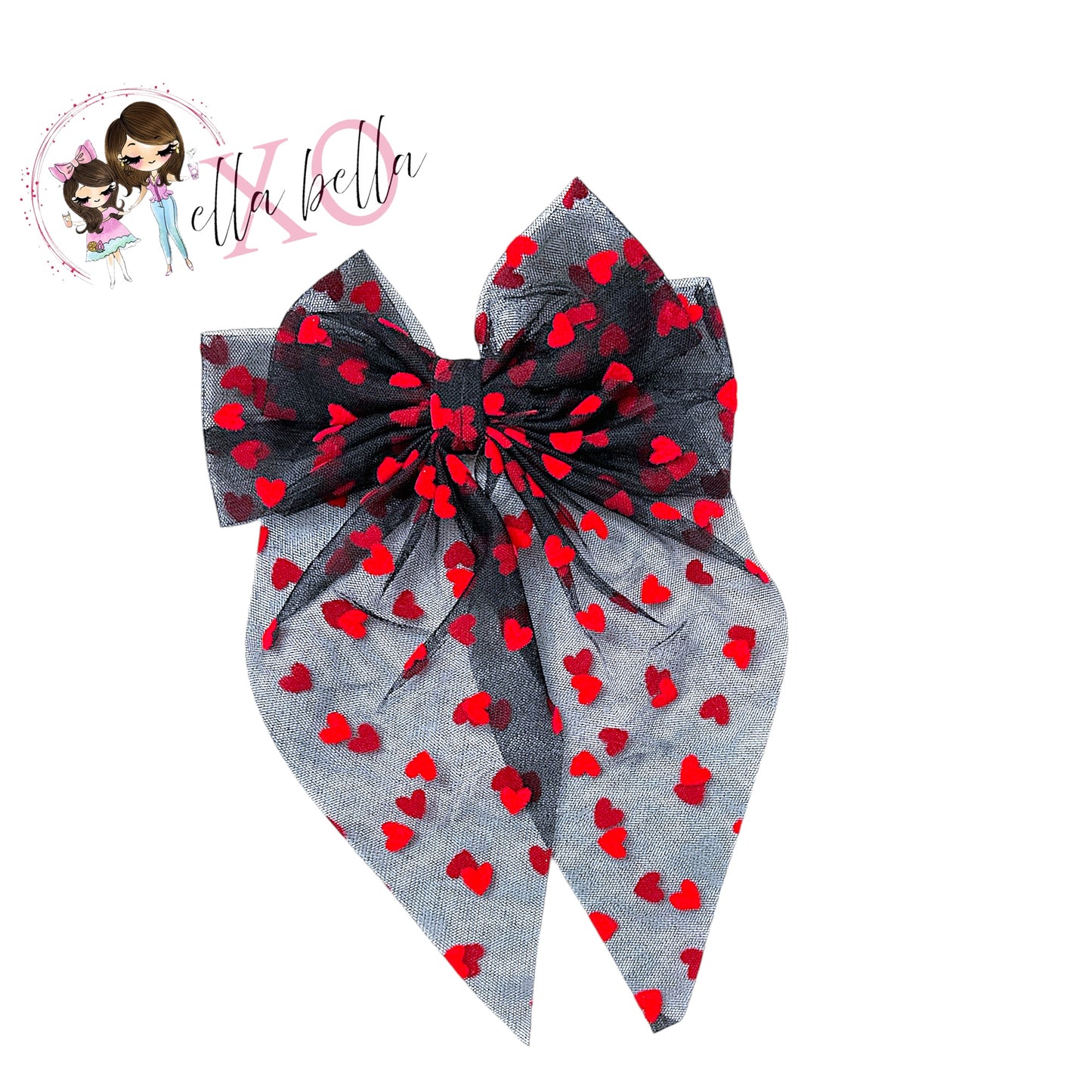 Black & Red Heart Tulle Bow